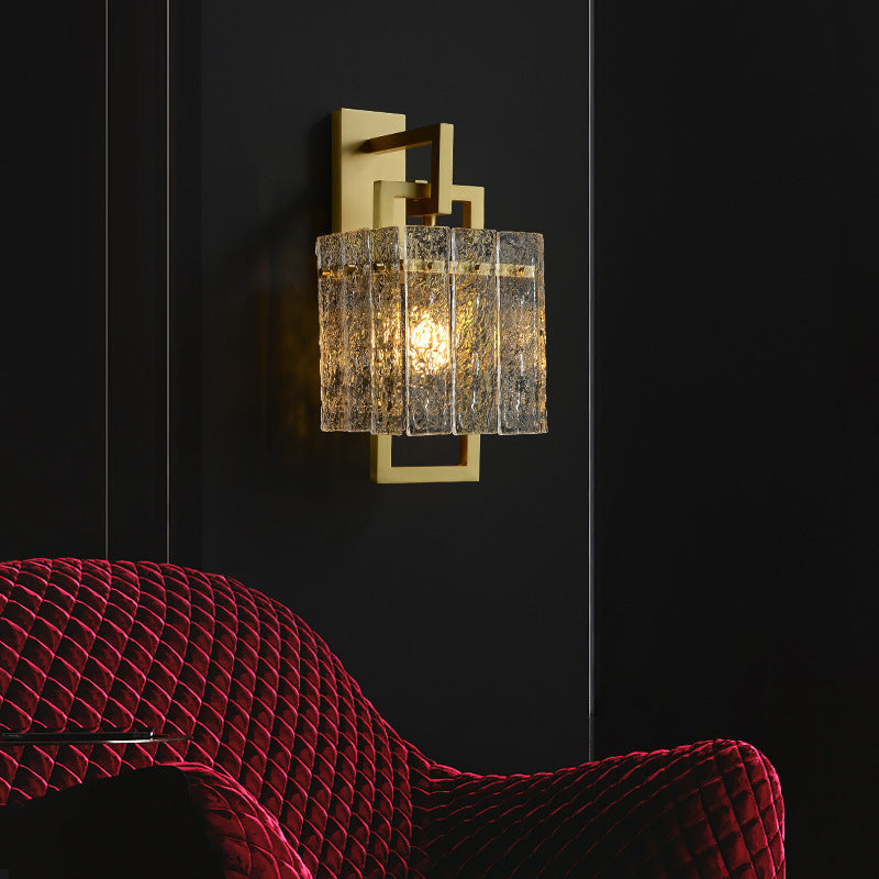 Modern Luxury Brass Glass Cylinder Rectangular Ripple 1-Light Wall Sconce Lamp For Bedside