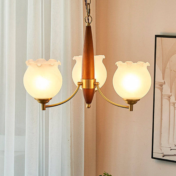 Traditional French Copper Wood Glass Tulip Flower Bud 1/3/5/8 Light Pendant Light Chandeliers For Bedroom