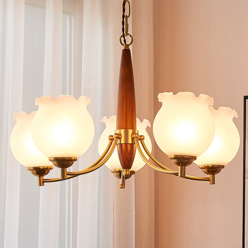 Traditional French Copper Wood Glass Tulip Flower Bud 1/3/5/8 Light Pendant Light Chandeliers For Bedroom