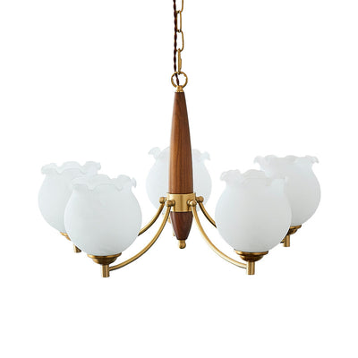 Traditional French Copper Wood Glass Tulip Flower Bud 1/3/5/8 Light Pendant Light Chandeliers For Bedroom