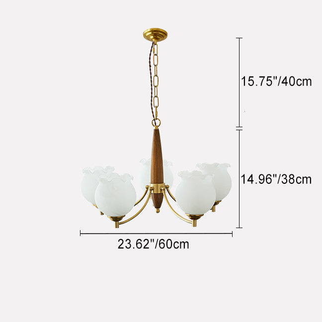 Traditional French Copper Wood Glass Tulip Flower Bud 1/3/5/8 Light Pendant Light Chandeliers For Bedroom