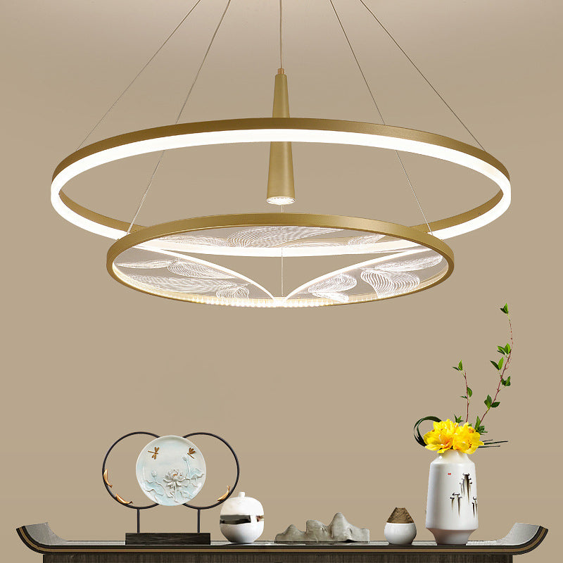 Traditional Chinese Iron Aluminium Acrylic Round 2-Tier LED Chandeliers For Living Room