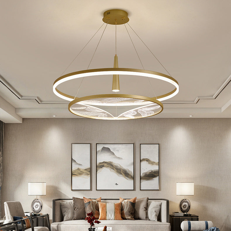 Traditional Chinese Iron Aluminium Acrylic Round 2-Tier LED Chandeliers For Living Room