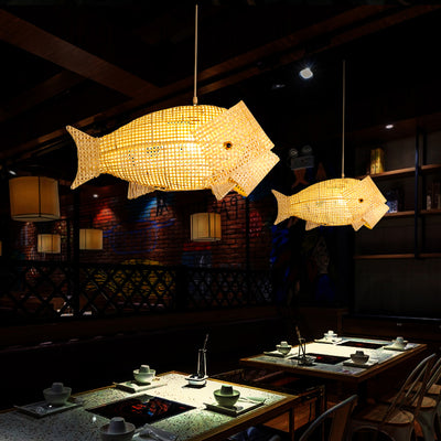 Traditional Japanese Weaving Bamboo Carp Fish Elliptical 1-Light Pendant Light For Dining Room