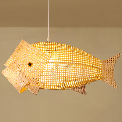 Traditional Japanese Weaving Bamboo Carp Fish Elliptical 1-Light Pendant Light For Dining Room