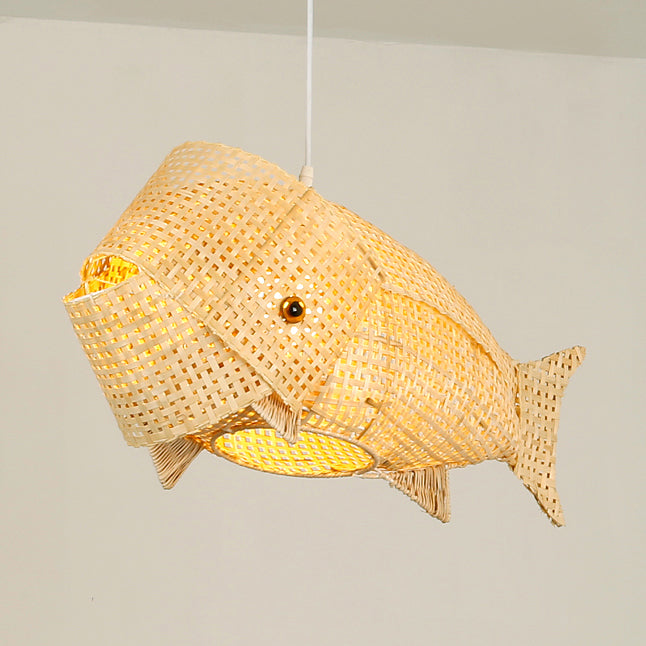 Traditional Japanese Weaving Bamboo Carp Fish Elliptical 1-Light Pendant Light For Dining Room