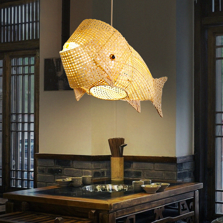 Traditional Japanese Weaving Bamboo Carp Fish Elliptical 1-Light Pendant Light For Dining Room