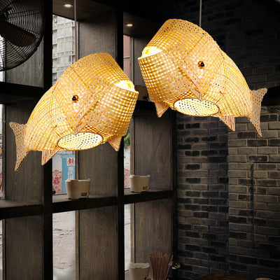 Traditional Japanese Weaving Bamboo Carp Fish Elliptical 1-Light Pendant Light For Dining Room