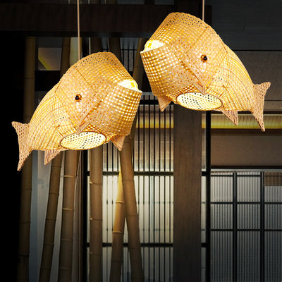 Traditional Japanese Weaving Bamboo Carp Fish Elliptical 1-Light Pendant Light For Dining Room