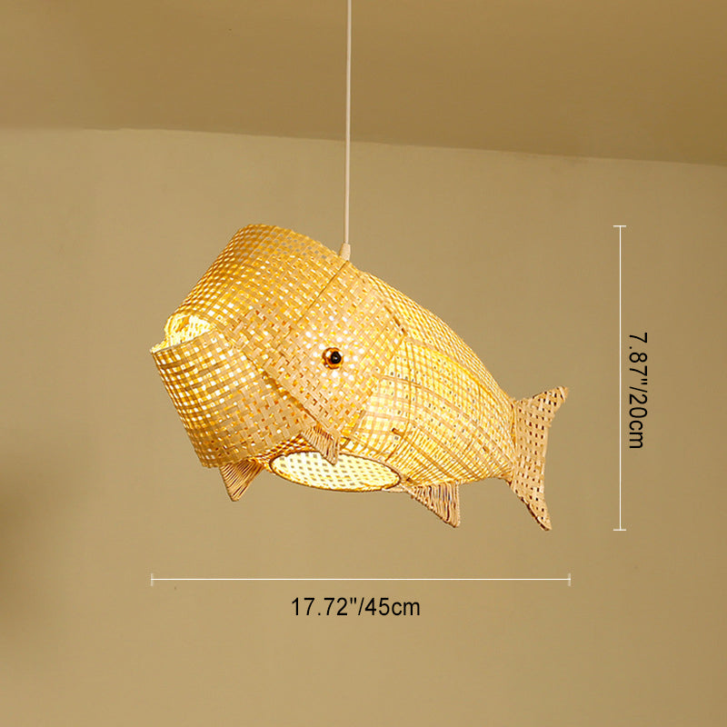 Traditional Japanese Weaving Bamboo Carp Fish Elliptical 1-Light Pendant Light For Dining Room