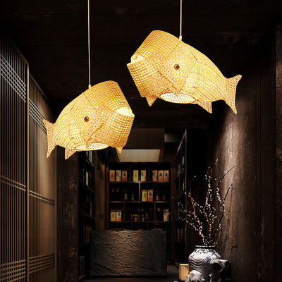 Traditional Japanese Weaving Bamboo Carp Fish Elliptical 1-Light Pendant Light For Dining Room