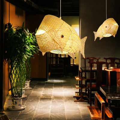 Traditional Japanese Weaving Bamboo Carp Fish Elliptical 1-Light Pendant Light For Dining Room