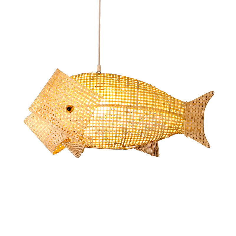 Traditional Japanese Weaving Bamboo Carp Fish Elliptical 1-Light Pendant Light For Dining Room