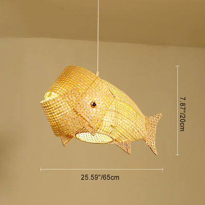 Traditional Japanese Weaving Bamboo Carp Fish Elliptical 1-Light Pendant Light For Dining Room