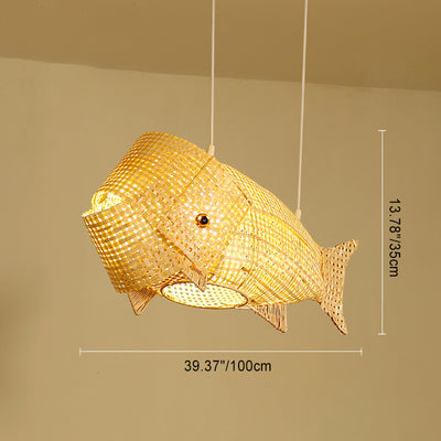 Traditional Japanese Weaving Bamboo Carp Fish Elliptical 1-Light Pendant Light For Dining Room