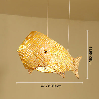 Traditional Japanese Weaving Bamboo Carp Fish Elliptical 1-Light Pendant Light For Dining Room