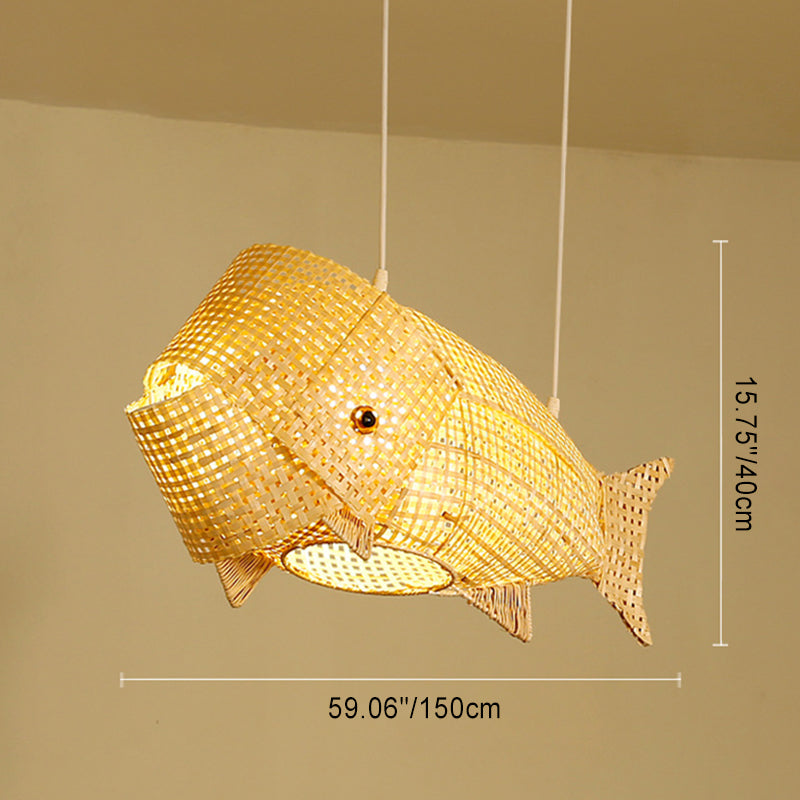 Traditional Japanese Weaving Bamboo Carp Fish Elliptical 1-Light Pendant Light For Dining Room