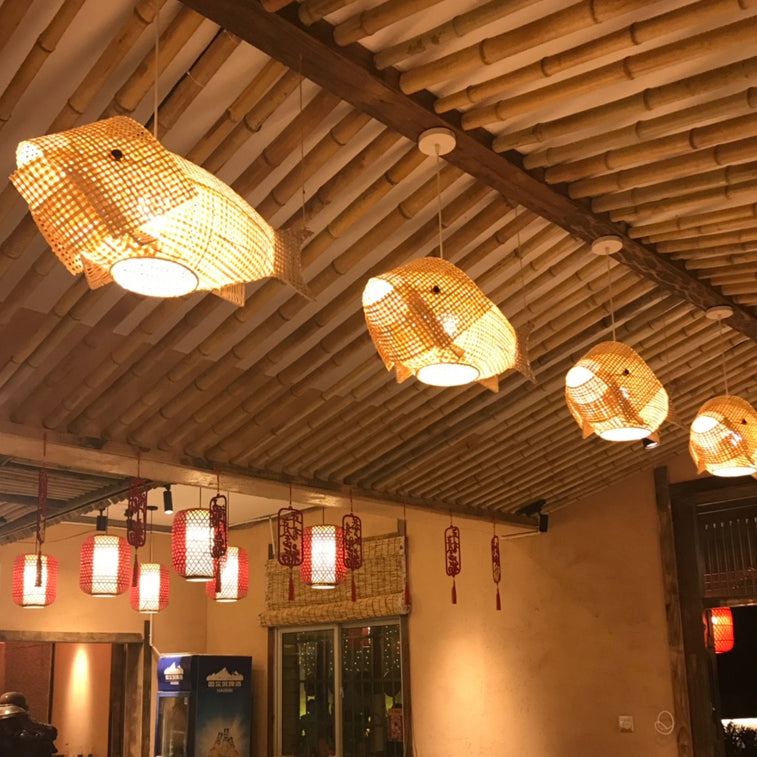 Traditional Japanese Weaving Bamboo Carp Fish Elliptical 1-Light Pendant Light For Dining Room