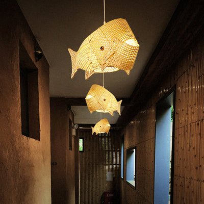 Traditional Japanese Weaving Bamboo Carp Fish Elliptical 1-Light Pendant Light For Dining Room