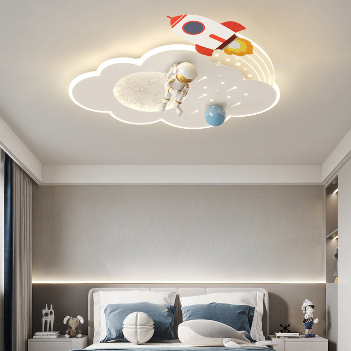 Modern Art Deco Kids Acrylic Metal Round Cloud Rocket Astronaut LED Flush Mount Ceiling Light For Bedroom