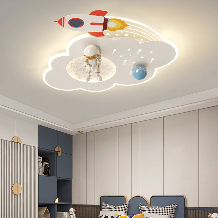 Modern Art Deco Kids Acrylic Metal Round Cloud Rocket Astronaut LED Flush Mount Ceiling Light For Bedroom