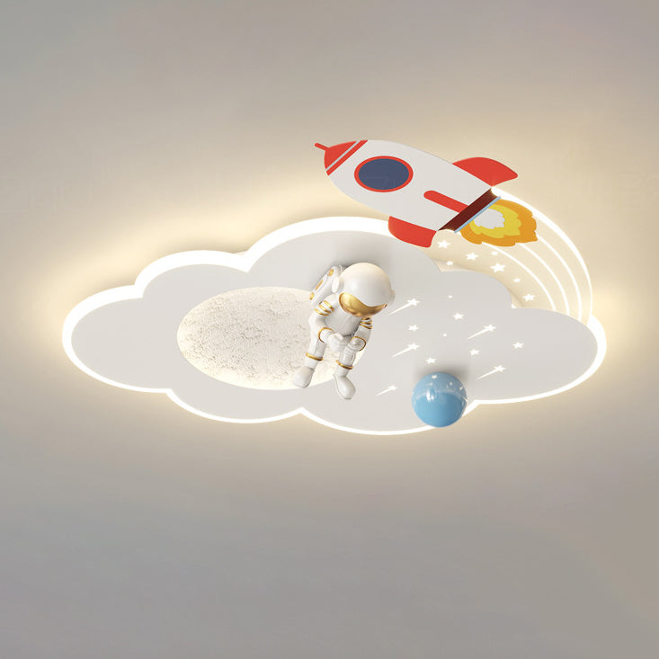 Modern Art Deco Kids Acrylic Metal Round Cloud Rocket Astronaut LED Flush Mount Ceiling Light For Bedroom