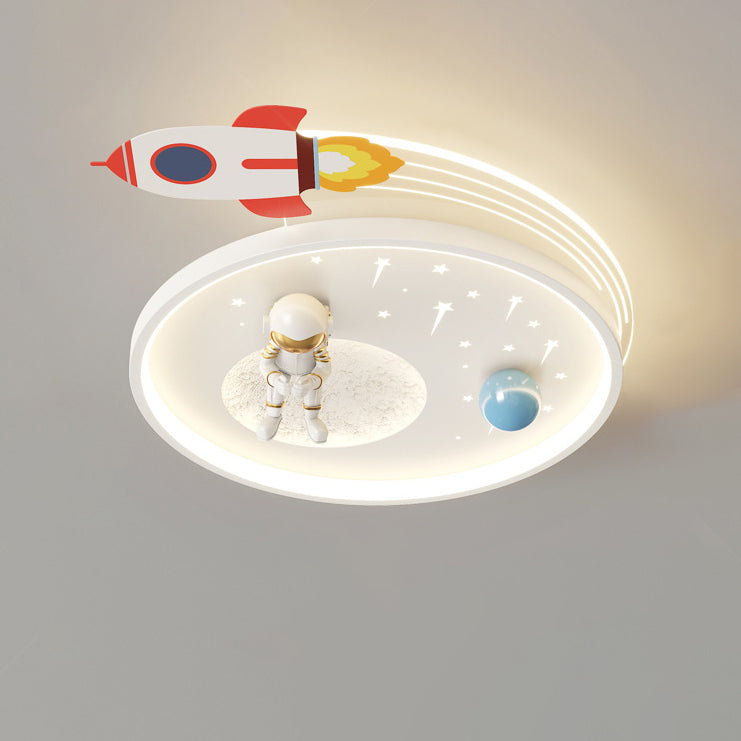 Modern Art Deco Kids Acrylic Metal Round Cloud Rocket Astronaut LED Flush Mount Ceiling Light For Bedroom