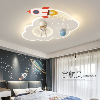 Modern Art Deco Kids Acrylic Metal Round Cloud Rocket Astronaut LED Flush Mount Ceiling Light For Bedroom