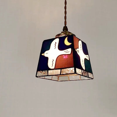 Contemporary Retro Copper Glass Cube Square Dove 1-Light Pendant Light For Kitchen