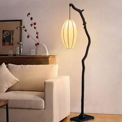 Traditional Chinese Resin Fabric Lantern Elliptical Branch 1-Light Standing Floor Lamp For Living Room