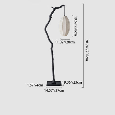 Traditional Chinese Resin Fabric Lantern Elliptical Branch 1-Light Standing Floor Lamp For Living Room