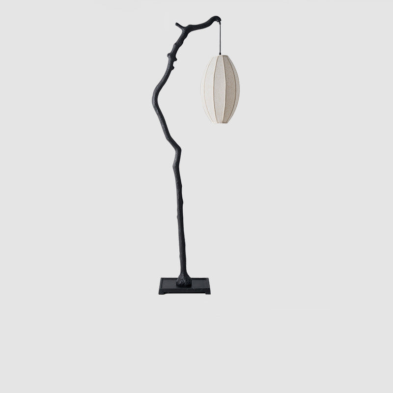 Traditional Chinese Resin Fabric Lantern Elliptical Branch 1-Light Standing Floor Lamp For Living Room