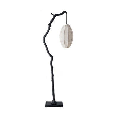 Traditional Chinese Resin Fabric Lantern Elliptical Branch 1-Light Standing Floor Lamp For Living Room