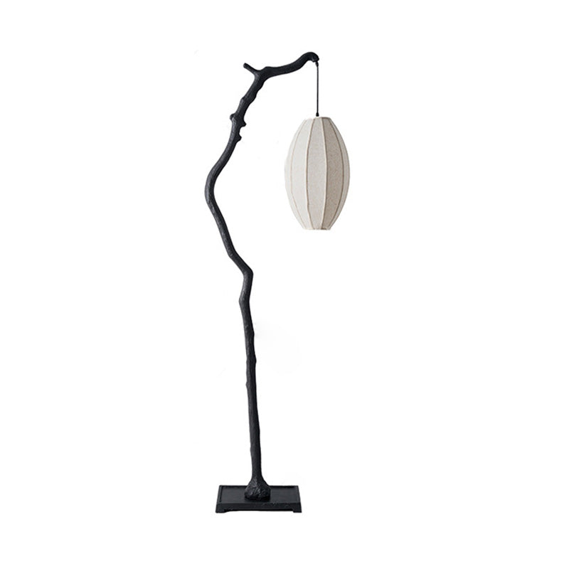 Traditional Chinese Resin Fabric Lantern Elliptical Branch 1-Light Standing Floor Lamp For Living Room