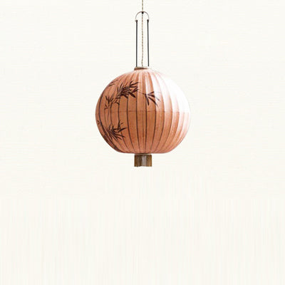 Traditional Chinese Fabric Metal Lantern Cylinder Ball Bamboo Leaves 1-Light Pendant Light For Dining Room