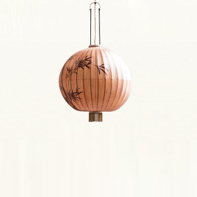 Traditional Chinese Fabric Metal Lantern Cylinder Ball Bamboo Leaves 1-Light Pendant Light For Dining Room