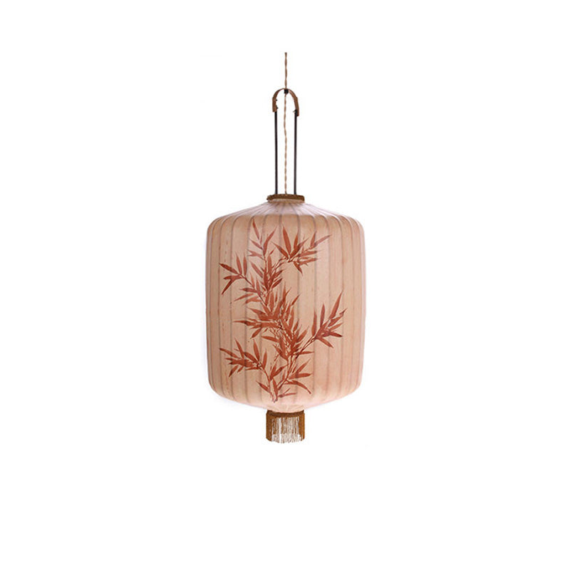 Traditional Chinese Fabric Metal Lantern Cylinder Ball Bamboo Leaves 1-Light Pendant Light For Dining Room