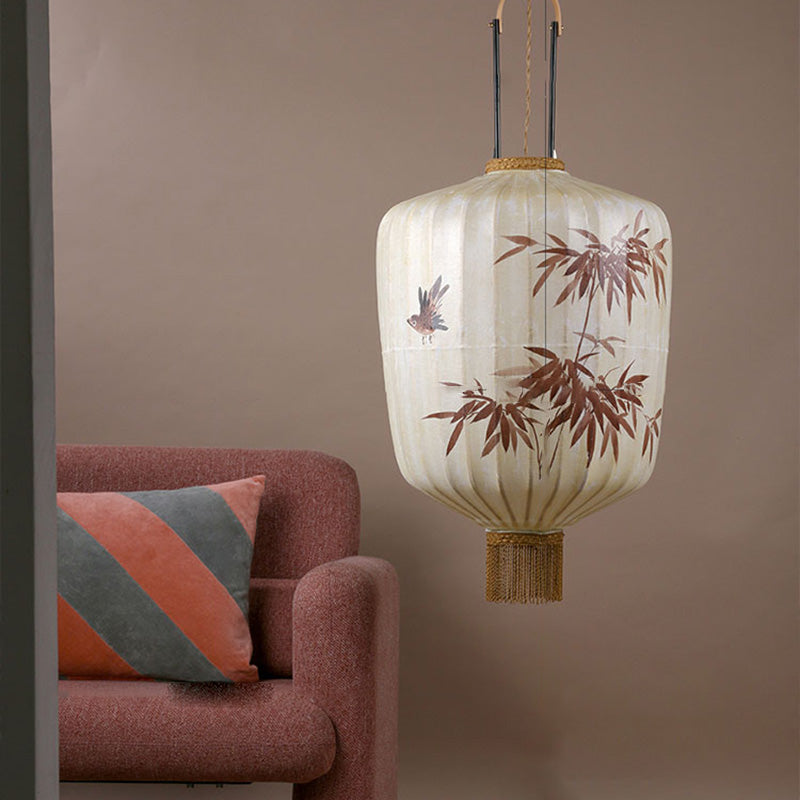 Traditional Chinese Fabric Metal Lantern Cylinder Ball Bamboo Leaves 1-Light Pendant Light For Dining Room