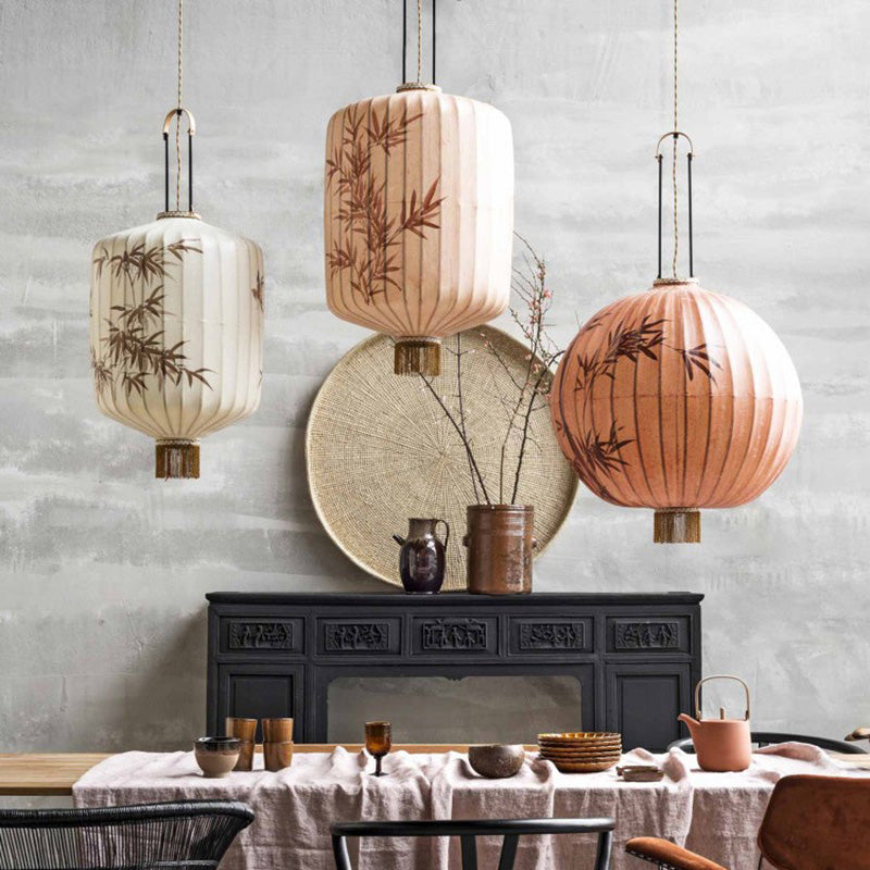 Traditional Chinese Fabric Metal Lantern Cylinder Ball Bamboo Leaves 1-Light Pendant Light For Dining Room