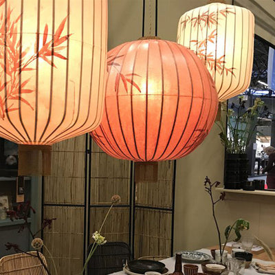 Traditional Chinese Fabric Metal Lantern Cylinder Ball Bamboo Leaves 1-Light Pendant Light For Dining Room