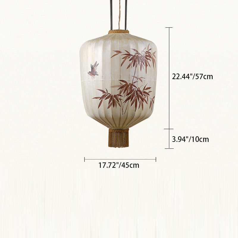 Traditional Chinese Fabric Metal Lantern Cylinder Ball Bamboo Leaves 1-Light Pendant Light For Dining Room