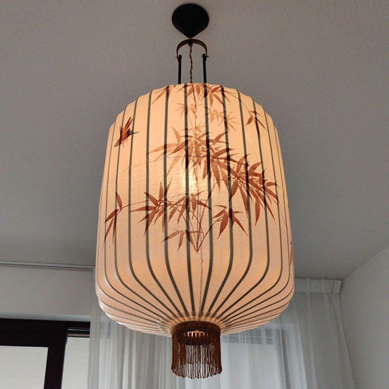 Traditional Chinese Fabric Metal Lantern Cylinder Ball Bamboo Leaves 1-Light Pendant Light For Dining Room