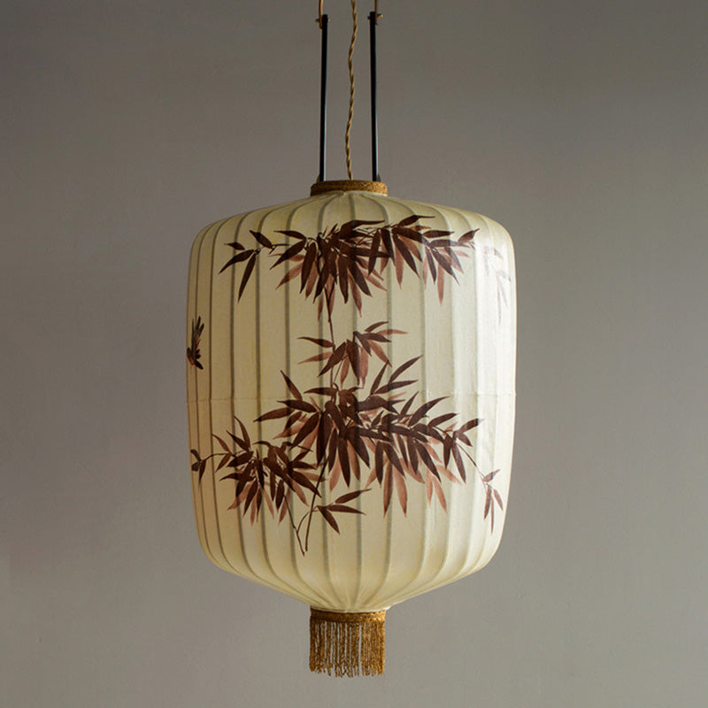 Traditional Chinese Fabric Metal Lantern Cylinder Ball Bamboo Leaves 1-Light Pendant Light For Dining Room