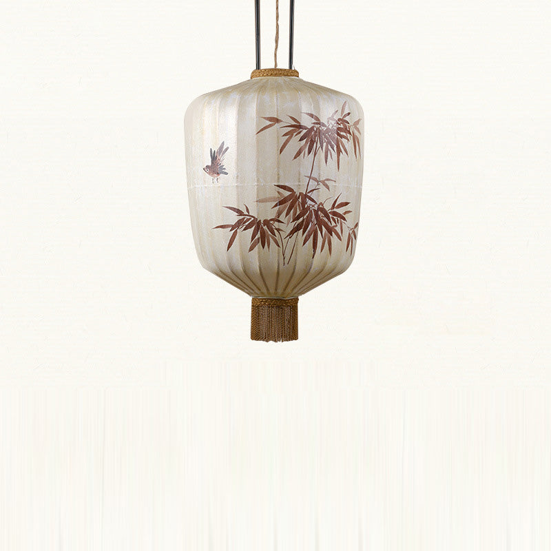 Traditional Chinese Fabric Metal Lantern Cylinder Ball Bamboo Leaves 1-Light Pendant Light For Dining Room