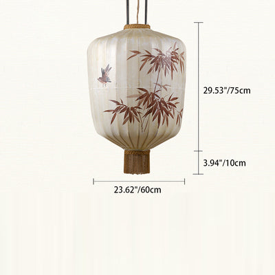 Traditional Chinese Fabric Metal Lantern Cylinder Ball Bamboo Leaves 1-Light Pendant Light For Dining Room