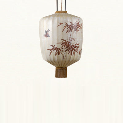 Traditional Chinese Fabric Metal Lantern Cylinder Ball Bamboo Leaves 1-Light Pendant Light For Dining Room