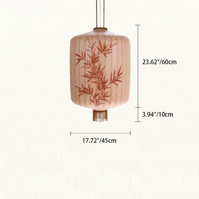 Traditional Chinese Fabric Metal Lantern Cylinder Ball Bamboo Leaves 1-Light Pendant Light For Dining Room