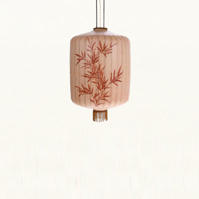 Traditional Chinese Fabric Metal Lantern Cylinder Ball Bamboo Leaves 1-Light Pendant Light For Dining Room