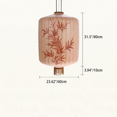 Traditional Chinese Fabric Metal Lantern Cylinder Ball Bamboo Leaves 1-Light Pendant Light For Dining Room