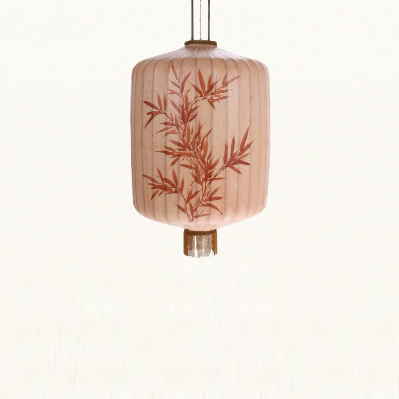 Traditional Chinese Fabric Metal Lantern Cylinder Ball Bamboo Leaves 1-Light Pendant Light For Dining Room